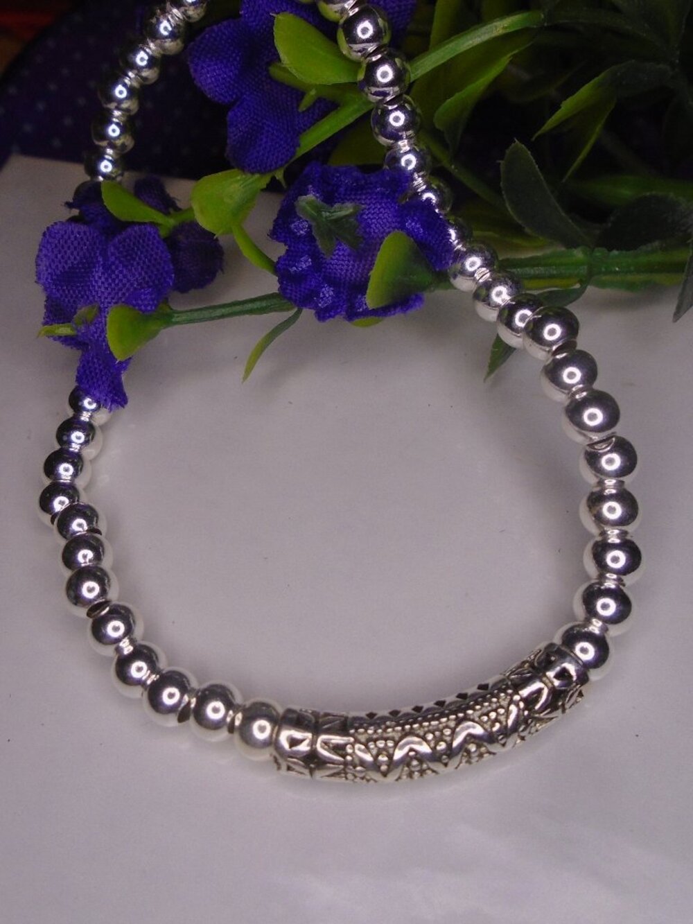 Ornate Beautiful 925 Sterling Silver Beaded Stretch Bracelet
